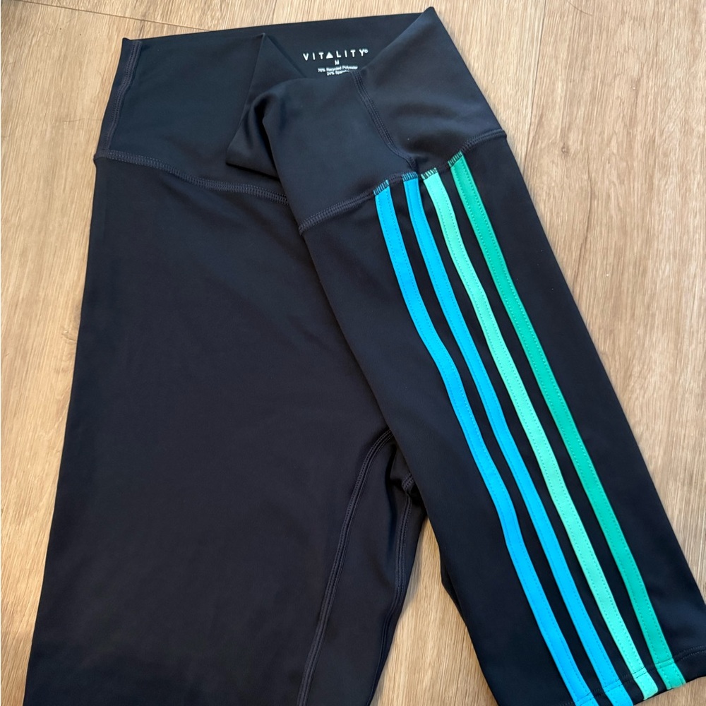 Vitality Women's Black Bike Shorts with Blue and Green Stripes